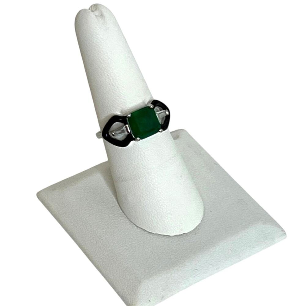 Sterling Silver 925 Emerald Cut Green Stone Ring Black Enamel Art Deco Size 7.75